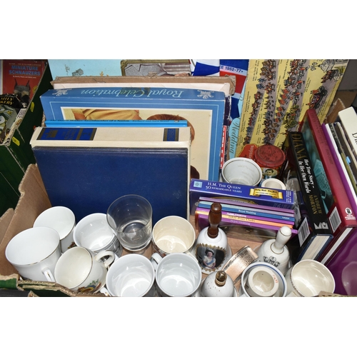 654 - TWO BOXES OF ROYAL COMMEMORATIVE CERAMICS AND SUNDRIES, to include assorted mugs, vintage tins, glas... 