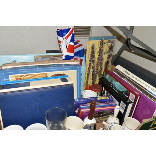 654 - TWO BOXES OF ROYAL COMMEMORATIVE CERAMICS AND SUNDRIES, to include assorted mugs, vintage tins, glas... 