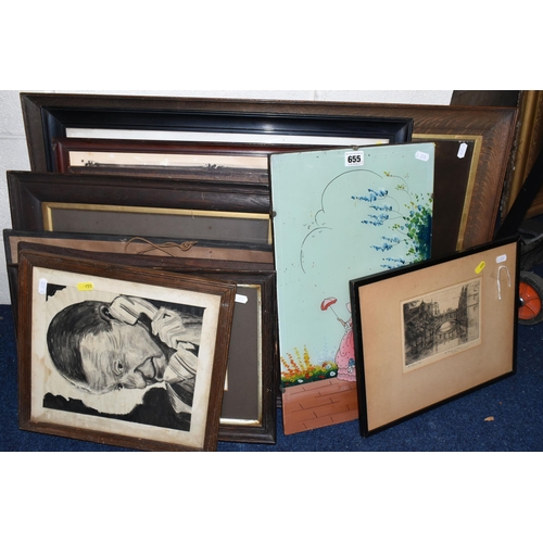 655 - A SMALL QUANTITY OF PICTURES AND PRINTS ETC, to include two unframed early 20th century oils on boar... 