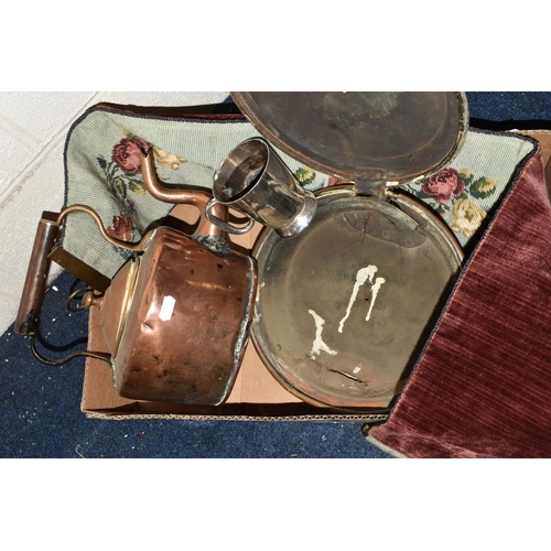 659 - ONE BOX OF METALWARE, to include a copper kettle, a 19th century copper bed warmer, and Elkington 'M... 