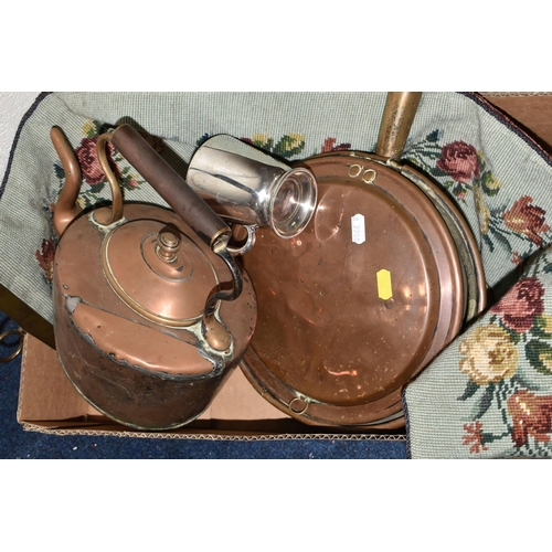 659 - ONE BOX OF METALWARE, to include a copper kettle, a 19th century copper bed warmer, and Elkington 'M... 