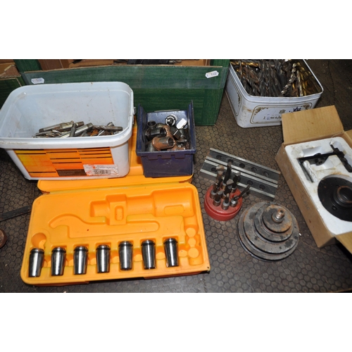 1059 - TWO TRAYS CONTAINING MILLING AND TURNING TOOLS AND ACCESSORIES including a partial mandrill set, a p... 