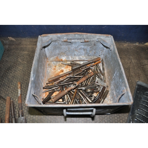 1060 - THREE TRAYS CONTAINING TOOLS including a Spencer Franklin lever pump, a centre square, a Rabone and ... 