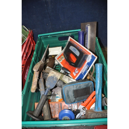 1076 - A METAL TOOLBOX AND TWO TRAYS CONTAINING TOOLS including a Record 18 Stillson, a 600mm Stillson, a R... 