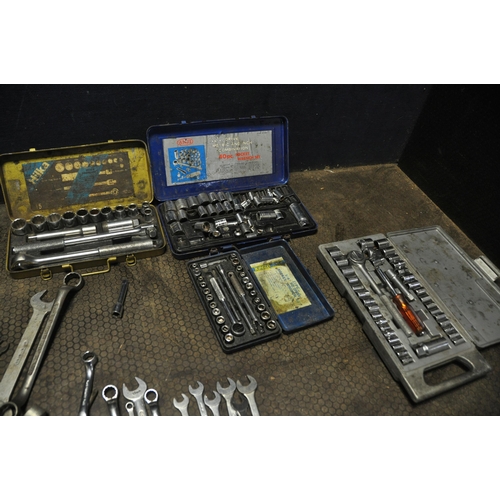 1077 - A TOOLBOX CONTAINING AUTOMOTIVE TOOLS AND FOUR SOCKET SETS including spanners by Britool, King Dick,... 