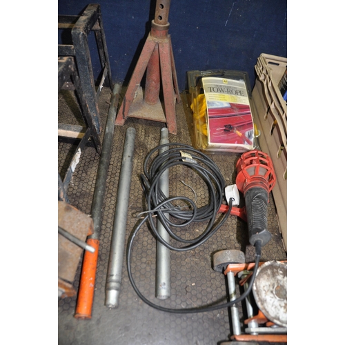 1078 - A COLLECTION OF AUTOMOTIVE TOOLS including car ramps, an axle stand, a Powerite trolley jack, a smal... 