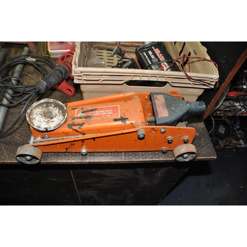 1078 - A COLLECTION OF AUTOMOTIVE TOOLS including car ramps, an axle stand, a Powerite trolley jack, a smal... 