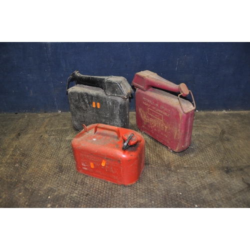 1079 - THREE VINTAGE FUEL CANS including an Eversure and a Baronet both with integrated nozzles and a Fill-... 