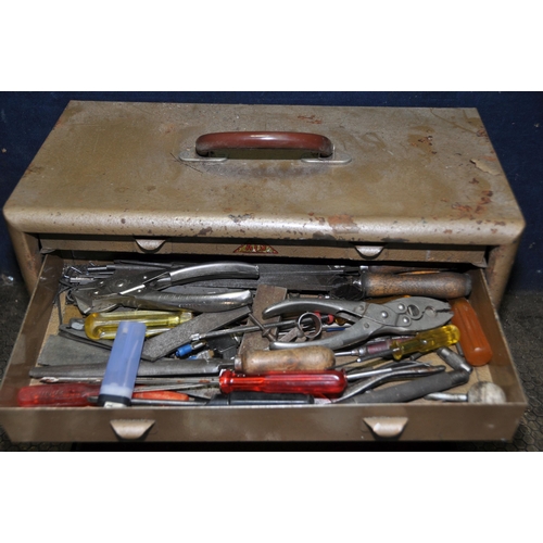 1080 - A VINTAGE AND METAL ENGINEERS TOOLCHEST with removable front with lock but no key concealing four gr... 