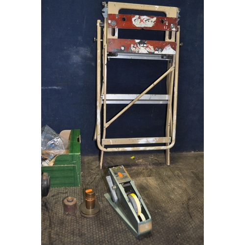 1097 - A TRAY CONTAINING TOOLS AND A SMALL FOLDING WORK BENCH including a Knight Taylor KT150 petrol batter... 