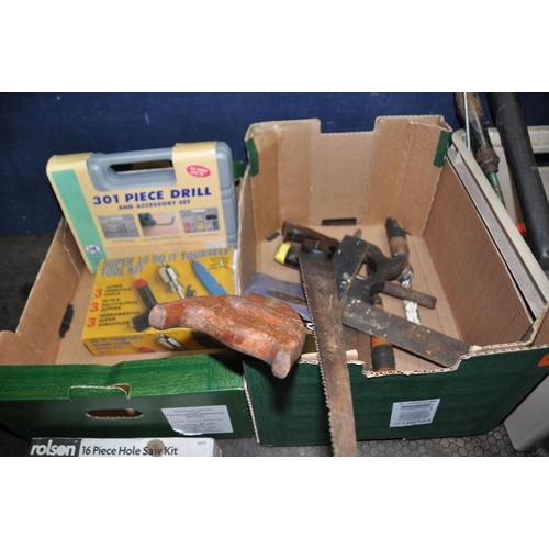 1106 - THREE TRAYS CONTAINING CARPENTRY AND OTHER TOOLS including a Shoulder brace and bits, a hand drill, ... 