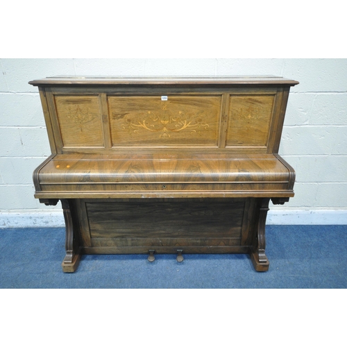 1200 - A JOHN BROADWOOD AND SONS WALNUT AND MARQUETRY INLAID OVERSTRUNG UPRIGHT PIANO, serial number 68065,... 