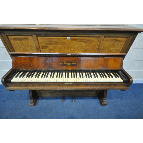 1200 - A JOHN BROADWOOD AND SONS WALNUT AND MARQUETRY INLAID OVERSTRUNG UPRIGHT PIANO, serial number 68065,... 