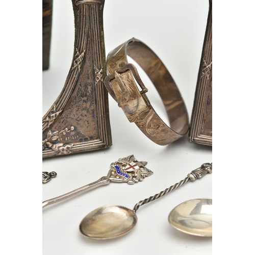 107 - TWO SILVER PHOTO FRAMES, A SILVER BANGLE AND TEASPOONS, two early 20th century silver photo frames, ... 