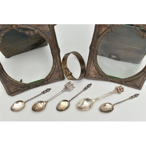 107 - TWO SILVER PHOTO FRAMES, A SILVER BANGLE AND TEASPOONS, two early 20th century silver photo frames, ... 