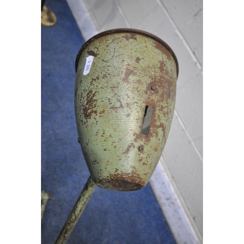 1201 - A GREEN VINTAGE INDUSTRIAL WORK LAMP, with two angled joints, on a later wooden base (condition repo... 