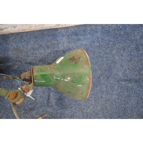 1203 - A GREEN VINTAGE INDUSTRIAL ANGLE POISE WORK LAMP, with three angled joints, and mounting joint (cond... 