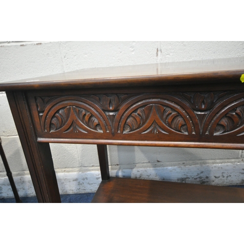 1220 - A 20TH CENTURY MAHOGANY SIDE TABLE, with repeating pattern to frieze, on square tapered legs, united... 