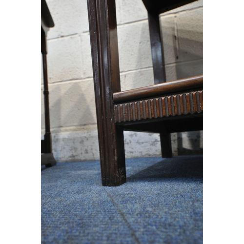 1220 - A 20TH CENTURY MAHOGANY SIDE TABLE, with repeating pattern to frieze, on square tapered legs, united... 