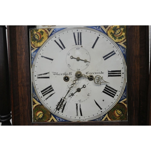 1236 - AN EARLY 19TH CENTURY OAK EIGHT DAY LONGCASE CLOCK, with three brass bird finials, twin turned suppo... 