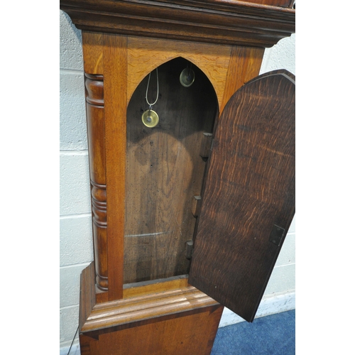 1236 - AN EARLY 19TH CENTURY OAK EIGHT DAY LONGCASE CLOCK, with three brass bird finials, twin turned suppo... 