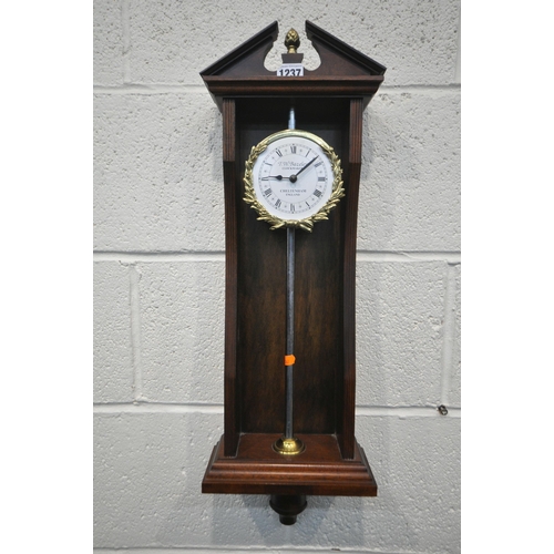 1237 - A REPRODUCTION MAHOGANY RACK CLOCK, with a break arch pediment, the enamel dial depicting Roman nume... 