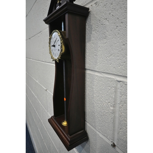 1237 - A REPRODUCTION MAHOGANY RACK CLOCK, with a break arch pediment, the enamel dial depicting Roman nume... 