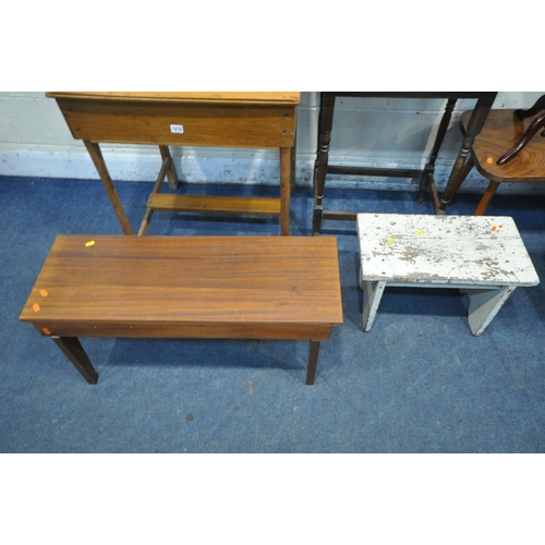 1215 - A VARIETY OF OCCASIONAL FURNITURE, to include a beech desk, with a hinged lid, on later pine legs, w... 