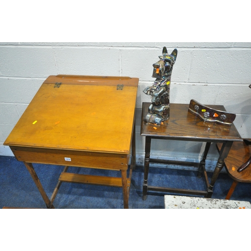 1215 - A VARIETY OF OCCASIONAL FURNITURE, to include a beech desk, with a hinged lid, on later pine legs, w... 