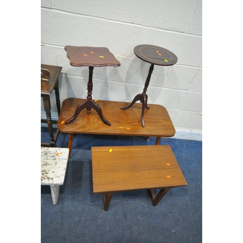 1215 - A VARIETY OF OCCASIONAL FURNITURE, to include a beech desk, with a hinged lid, on later pine legs, w... 