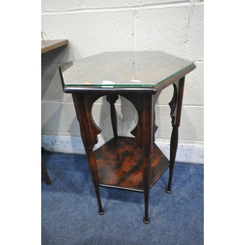1320 - AN ARTS AND CRAFTS STYLE HEXAGONAL MOORISH TABLE, on cylindrical tapered legs, diameter 51cm x heigh... 