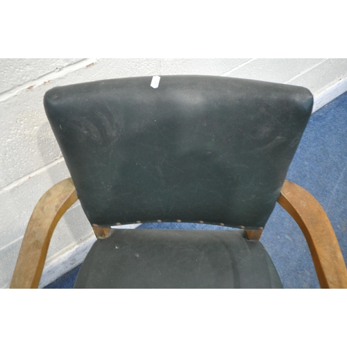 1329 - AN EARLY 20TH CENTURY SWIVEL OFFICE CHAIR, with green leatherette upholstery label to underside read... 