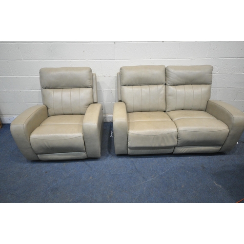 1332 - A LEATHER UPHOLSTERED TWO PIECE LOUNGE SUITE, comprising a two seater electric reclining sofa, lengt... 