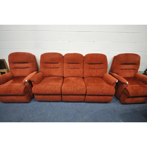 1333 - A RED UPHOLSTERED THREE PIECE LOUNGE SUITE, comprising a three seater sofa, length 196cm x depth 96c... 