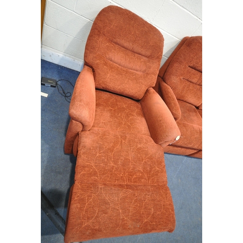 1333 - A RED UPHOLSTERED THREE PIECE LOUNGE SUITE, comprising a three seater sofa, length 196cm x depth 96c... 