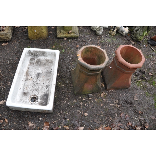 1022 - A VINTAGE SHALLOW BELFAST SINK AND TWO CHIMNEY POTS sink width 75cm depth 44cm height 17cm chimneys ... 