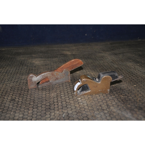 1053 - TWO SMALL VINTAGE REBATE PLANES one constructed from brass with a black wooden blade holder stamped ... 