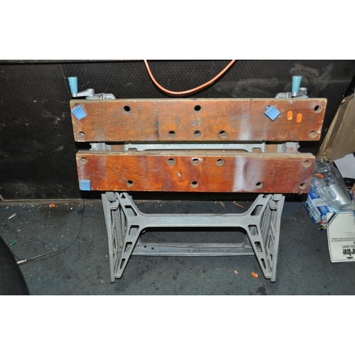 1058 - TWO TRAYS CONTAINING POWER AND HAND TOOLS including a folding workbench, a Plasplugs drill sharpener... 