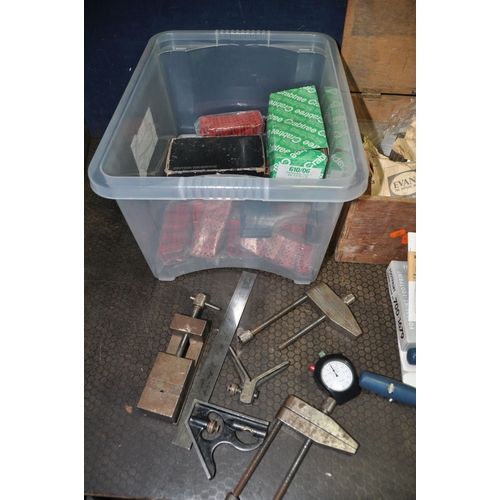 1062 - A TOOLBOX, A TRAY AND TWO WOODEN BOXES CONTAINING TOOLS including a Moore and Wright combination squ... 