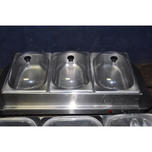 1083 - TWO CATERING HOT PLATES one by Crofton with two large and two small stainless steel dishes and crack... 