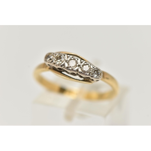 16 - A YELLOW METAL DIAMOND FIVE STONE RING, set with graduating single cut diamonds, to the plain polish... 