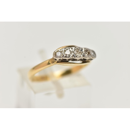 16 - A YELLOW METAL DIAMOND FIVE STONE RING, set with graduating single cut diamonds, to the plain polish... 