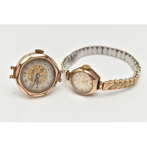 17 - TWO YELLOW METAL WATCHES, to include a wristwatch, the white dial with gilt Arabic and hourly applie... 