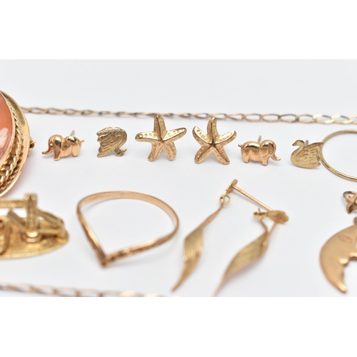 18 - A SELECTION OF YELLOW METAL JEWELLERY, to include a shell cameo brooch, stamped 9ct, a 9ct gold char... 