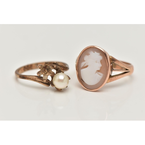 19 - TWO 9CT GOLD RINGS, the first a shell cameo ring, hallmarked 9ct Birmingham, ring size Q leading edg... 