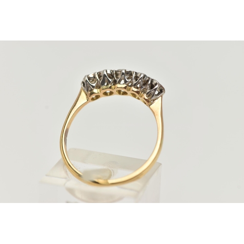 2 - A FIVE STONE DIAMOND RING, five single cut diamonds in a white metal illusion setting leading on to ... 