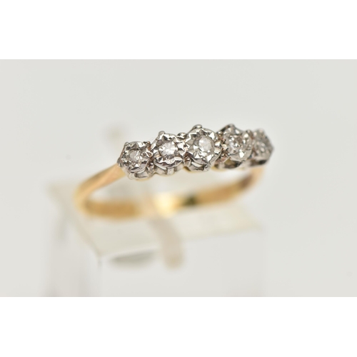 2 - A FIVE STONE DIAMOND RING, five single cut diamonds in a white metal illusion setting leading on to ... 