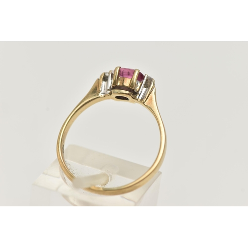 28 - A 9CT GOLD RUBY AND DIAMOND RING, designed as a central oval shape ruby flanked by single cut diamon... 