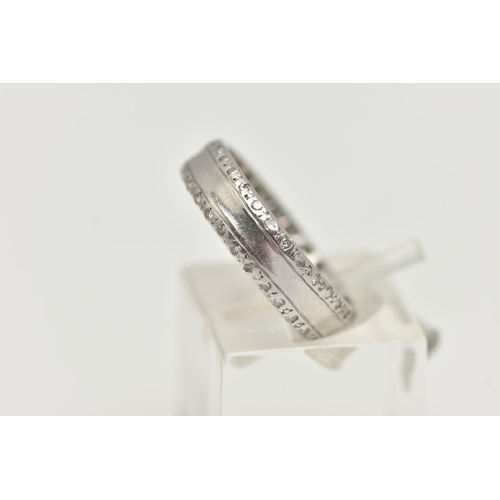 3 - A PLATINUM AND DIAMOND BAND RING, a central polished band with diamond set edges, approximately 58 r... 