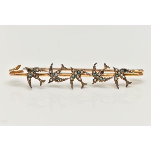 31 - A SWALLOW BAR BROOCH, designed as five swallows set with imitation split pearls and blue paste caboc... 